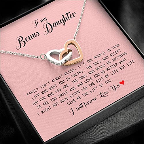 To My Bonus Daughter, Interlocking Heart Necklace Stepdaughter Gifts From Stepmom, Adopted Daughter Necklace From Unbiological Mom, Necklace Jewelry On Birthday Christmas, Women's Jewelry