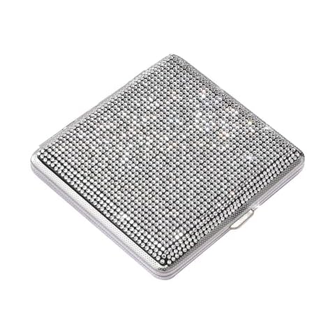 GSRYPC Bling Bling Diamond Cigarette Case for Women Men ，Portable Stainless Steel Holder for 20 Cigarettes,Silver Cover