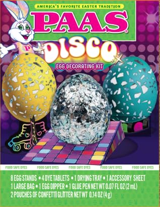 PAAS Disco Egg Decorating Kit, Easter Egg Dye Kit with Confetti Glitter, Food Safe Glue Pen & Egg Stands, Food Grade Dye,