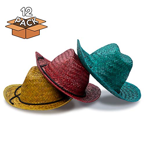 12 Pieces - Straw Cowboy Hat for Men & Women - Cowboy Party Favor Supplies - Assorted Colors