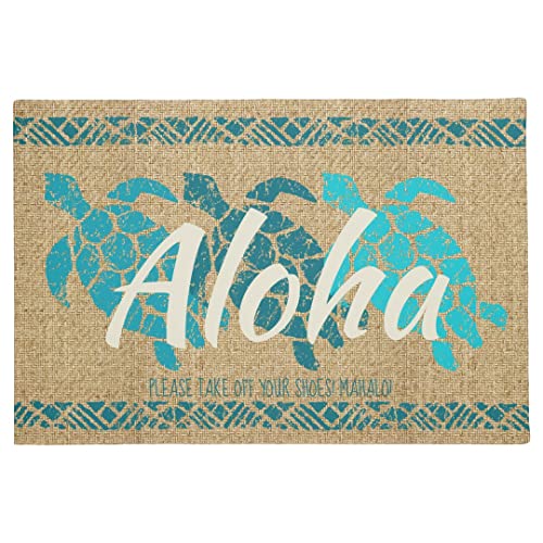 Honu Sea Triple Turtle Hawaiian Tapa Teal Doormat Scenery Entrance Door Mat Rubber Indoor Outdoor Floor Mat for Home Decorative Supply 16x24 Inches