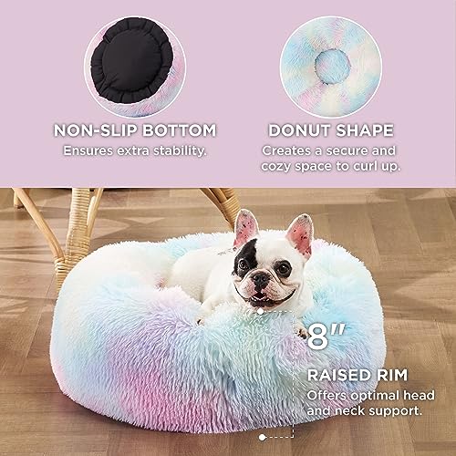 Image of Bedsure Calming Dog Bed for Small Dogs - Donut Washable Small Pet Bed, Round Anti-Slip Fluffy Plush Faux Fur Large Cat Bed, Fits up to 25 lbs Pets, Multi-Colored, 23 inches