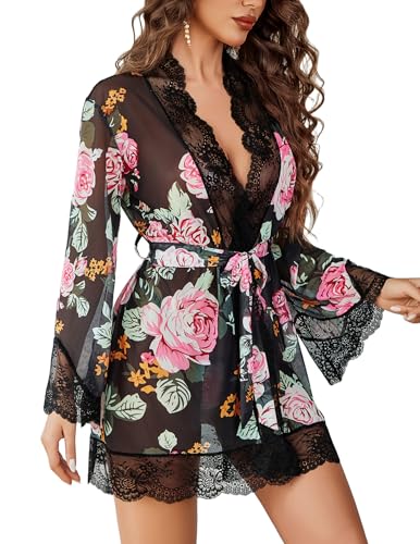 Image of Avidlove Women Lace Kimono Robe Babydoll Sexy Lingerie Mesh Chemise Nightgown Cover Up