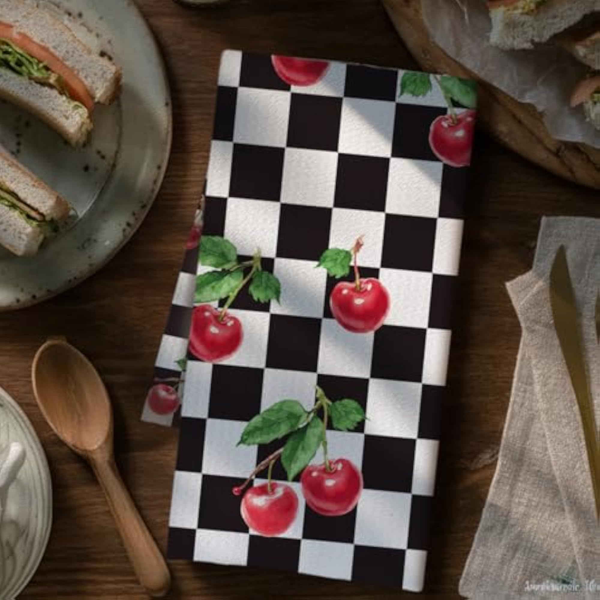Black and White Checkered Cherry Kitchen Towels, Retro Decor