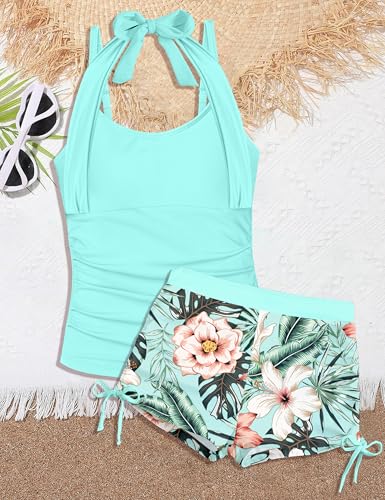 Image of Girls Swimsuit 2 Piece Halterneck Girls Tankini Swimsuit Drawstring Printed Swim Shorts Girl Bathing Suit for 7-18T