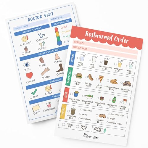 Image of Tiny Expressions Pretend Play Notepads - 2-Pack Kids Play Pads - 40 Pages Order-Taking Restaurant & 40 Pages Doctor Visit Notepad - Waiter and Doctor Imaginative Role Play