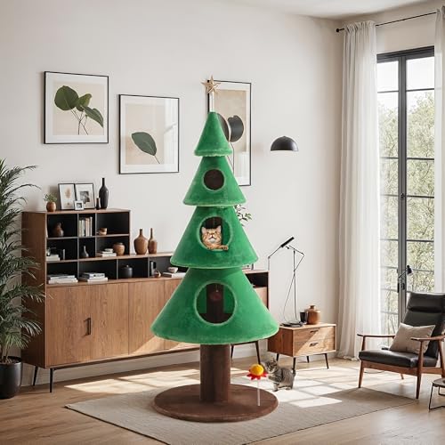 Allewie 63 Inches Cat Tree for Indoor Kitty/Tower with 3 Condos/ 5ft Christmas Tree Party Decoration/Activity Center Play House and Beds/Green