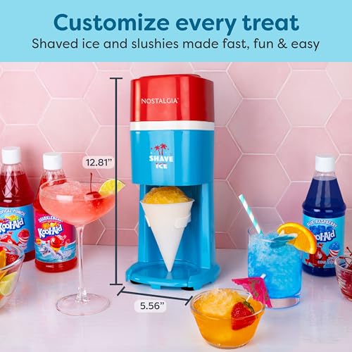 Image of Nostalgia Shave Ice and Snow Cone Machine, Multi-Use Ice Shaver for Frozen Treats, Slushies, Snow Cones, and More - Reusable Cup and Ice Mold, Stainless Steel Blades - Blue Red
