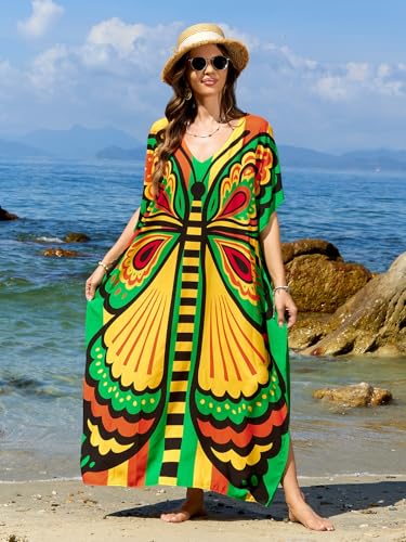 Image of sunforyou Kaftan Dresses for Women Plus Size Lightweight Swimsuit Cover up Batwing Sleeve Print Loungewear Beach Robe