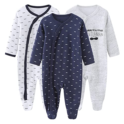 Image of MAMIMAKA Baby Boys Girls Footies One-Piece Romper Long-Sleeve Jumsuit Cotton Newborn Clothes Set 3-Pack Baby Pajamas