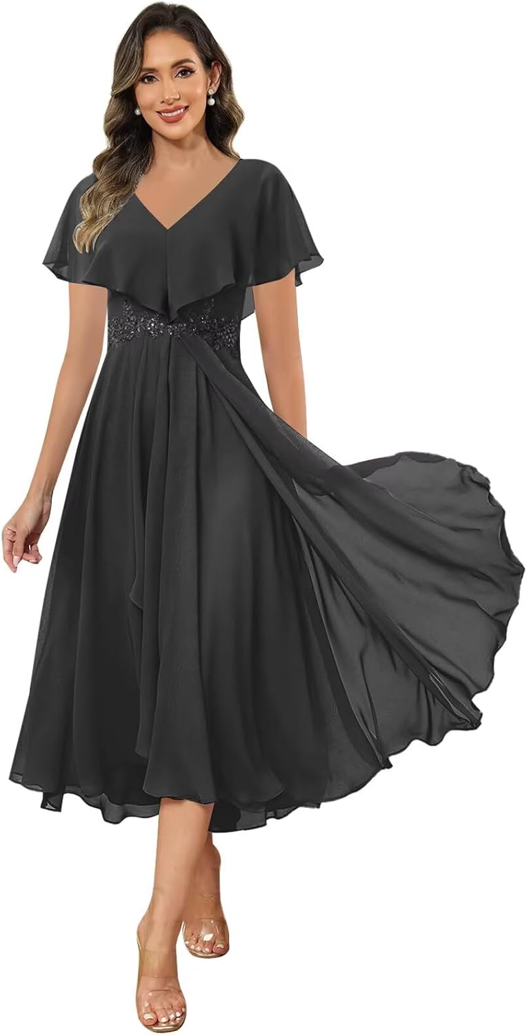Elegant Chiffon Mother of The Bride Dresses Tea Length V Neck Ruched Formal Evening Dress for Wedding