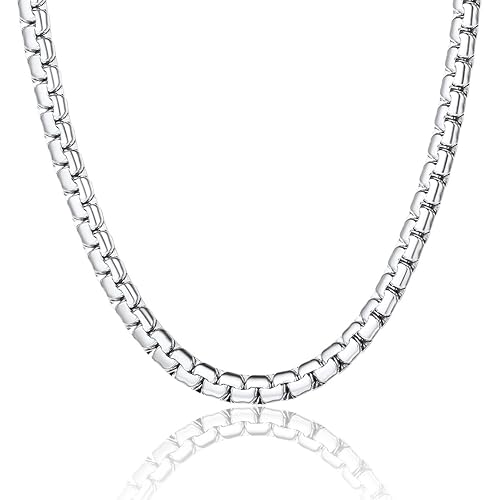 ChainsPro Stainless Steel Box Link Chain Necklace Mens, 2/4/6/8mm Flat Chains for Men, Black/Silver/Gold Plated, 14"-30" No Tarnish & Thick Hip Hop Jewelry Gifts for Christmas Thanksgiving