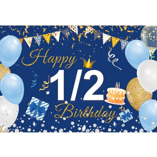YongFoto Happy 1/2 Birthday Backdrop 5x3ft Balloons Cake Gift Box Blue Photography Background 6 Months Baby Half Bday Party Banner Decor Cake Table Supplies Photoshoot Wallpaper Photo Booth Props