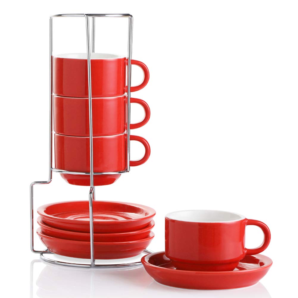 Sweejar Porcelain Espresso Cups with Saucers, 4 Ounce Stackable Cappuccino Cups with Metal Stand for Coffee Drinks, Latte, Tea - Set of 4 (Red)