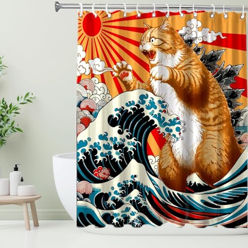 Image of Funny Japanese Cat Small Stall Shower Curtain, Vintage Orange Cat Japan Anime Ocean Wave RV Half Size Narrow Shower Curtain with Hooks, Funky Animal Sun Kids Bathroom Decor 48X72inches