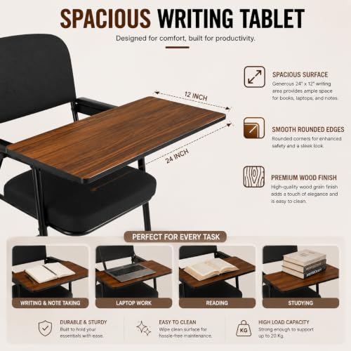 Image of Study Chair for Home with Writing Pad, Cushioned Seat & Backrest, Sturdy Metal Frame, Chair for Students, Reading, Writing & Study Room, Black