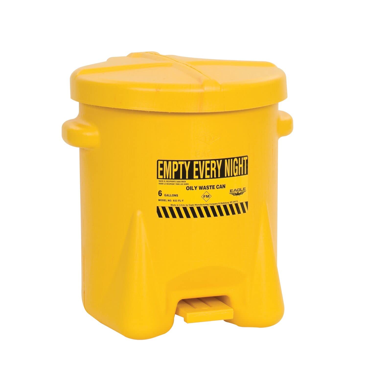 Eagle933FLY Oily Waste Polyethylene Safety Can with Foot Lever, 6 Gallon Capacity, Yellow
