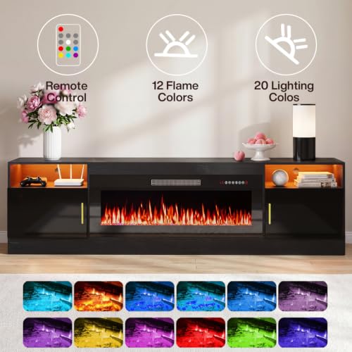 Image of Waleaf 80 inch Fireplace TV Stand with 40 inch Electric Fireplace,20 Colors LED Lights Entertainment Center for Living Room,Large High Gloss TV Console Cabinet for Televisions up to 930+ Inch