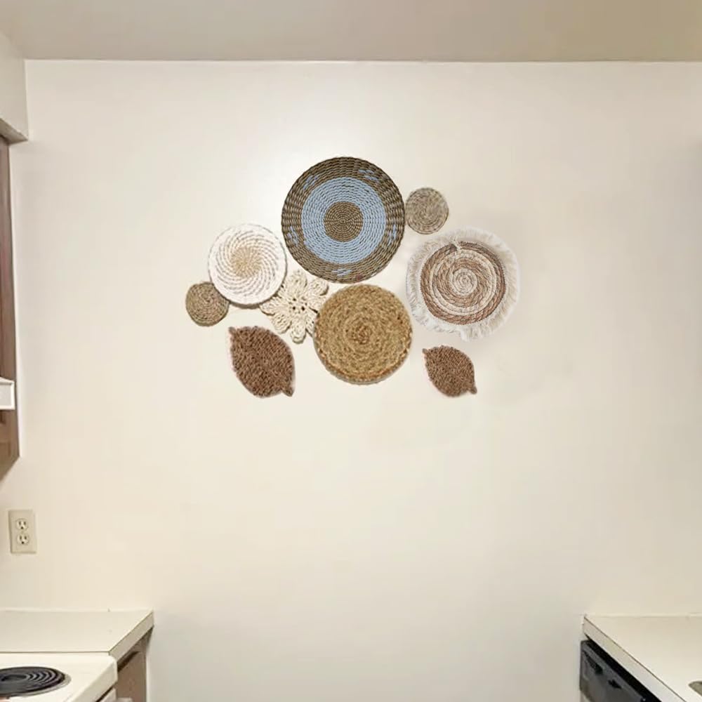 Set di 10 cestini da parete in stile boho, rotondi, rustici, intrecciati, fatti a mano, per camera da letto, soggiorno, tavolo da pranzo (10)