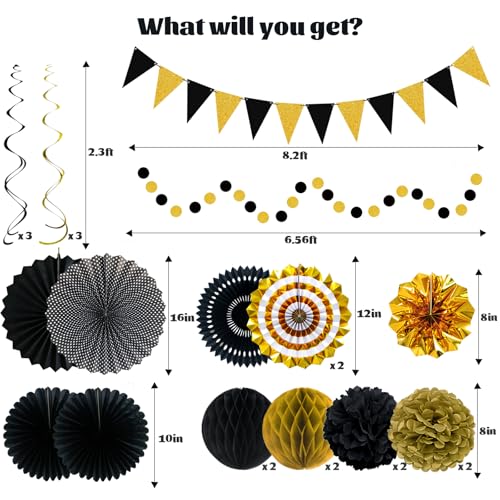 Image of 24 Pcs Black and Gold Party Decorations, Paper Fans Pom Poms Garland Decor | Pennant garland, circle dots and hanging spirals for 2026 graduation, birthday, New Year, wedding and anniversary party decor