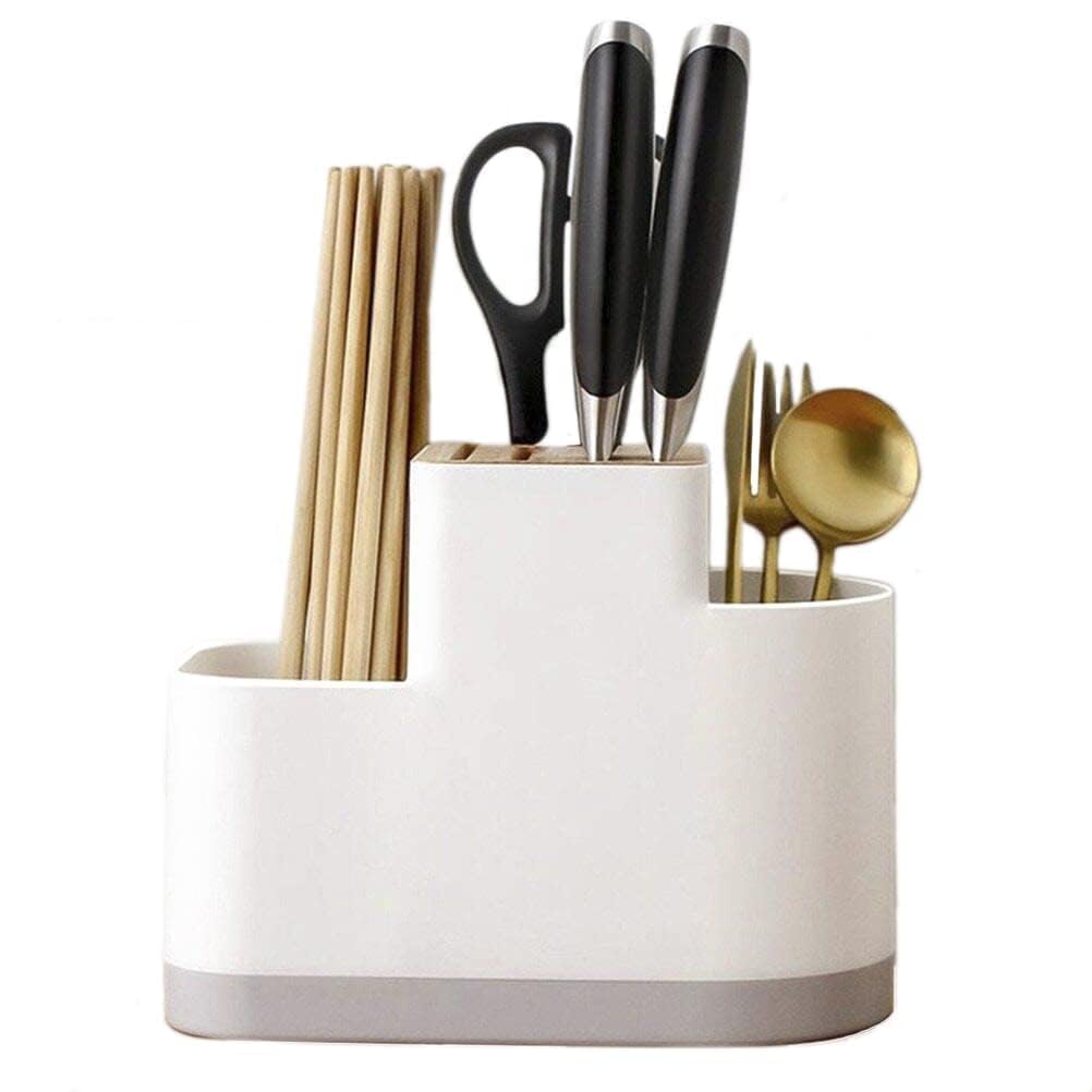 Zollyss Plastic Self Draining Tableware Storage Box with Removable Draining Tray,for Kitchen, Knife, Fork, Spoon, Chopstick, Cutlery Holder, Scissors,OrganizerStand for Kitchen,Dining Table (White)