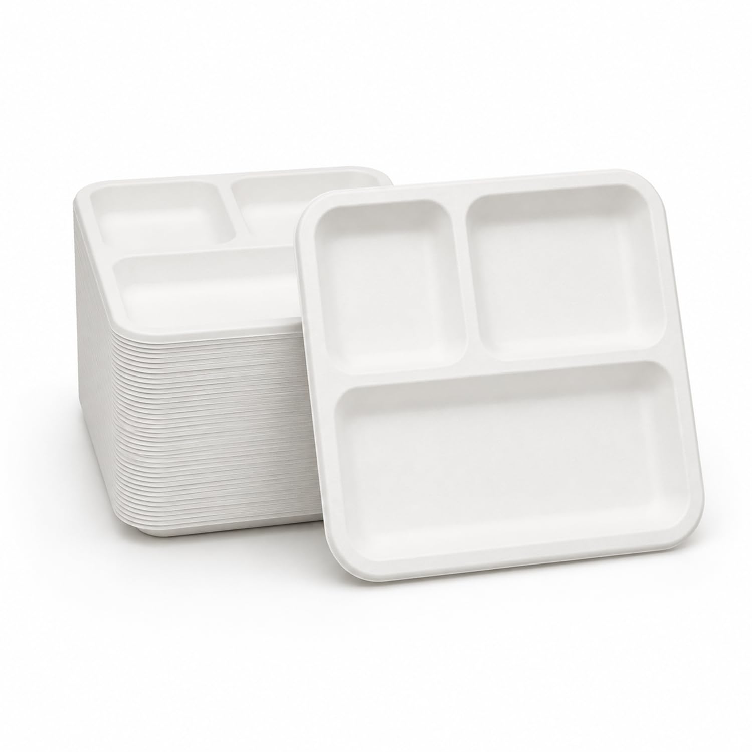 Bonkaso 3 Compartment Bagasse Square Meal Tray Pack of 25 | Disposable Sugarcane Plates | Eco-Friendly & Plastic-Free | Heavy Duty, Microwave Safe Food Serving Trays for Parties, Events & Catering