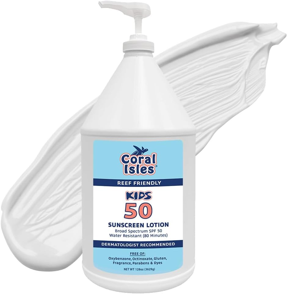 Coral Isles by Rocky Mountain Sunscreen | SPF 50 KIDS Lotion | Broad Spectrum UVA/UVB Protection | Hawaii Reef-Safe Act Compliant | Oxybenzone & Octinoxate Free | Water Resistant 80 Min. | 128 Fl Oz