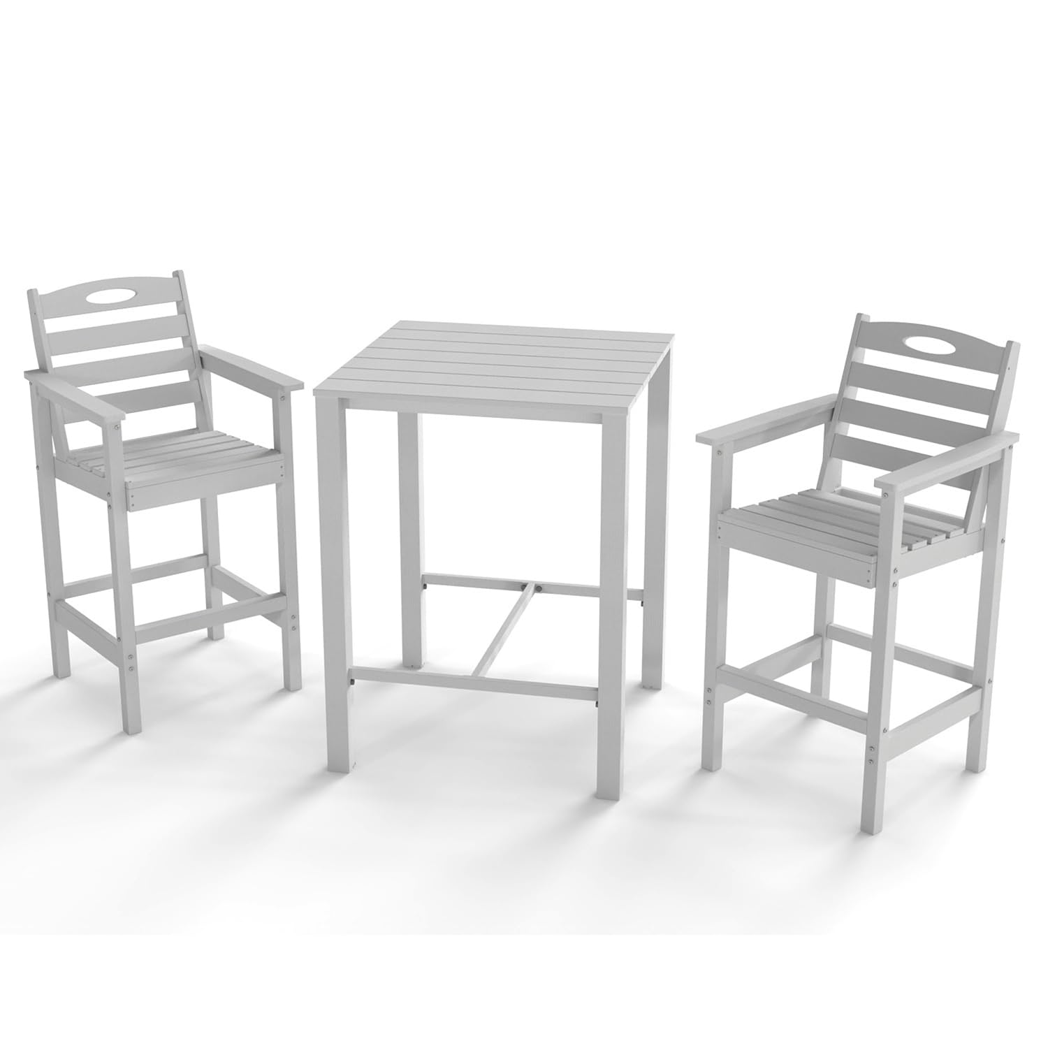 Domi HDPE Adirondack Patio Table and Chairs Set of 3, Adirondack bar Height Outdoor Table and Chairs,All-Weather HDPE Outdoor Bar Set for Poolside,Patio,Backyard, White