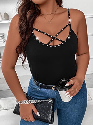 Wdirara Women's Plus Size Rhinestone Crisscross Spaghetti Strap Cami Top Black 3Xl #TOP3