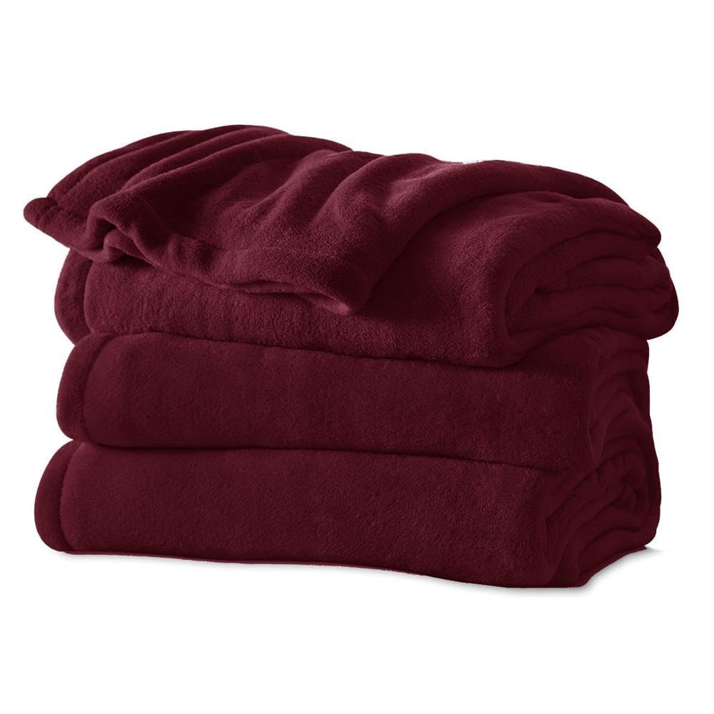 Sunbeam Microplush Electric Heated Warming Throw Blanket Garnet Washable Auto Shut Off 3 Heat Settings