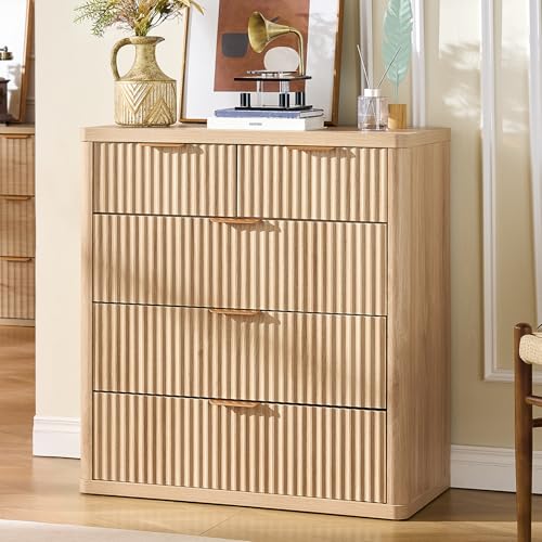Image of LEYAOYAO Fluted 5 Drawers Dresser for Bedroom Set of 2, 34 inch Tall Modern Chest of Drawers with Metal Handle, Curved Profile Design,Natural Wood Drawer Organizer for Bedroom,Living Room,Hallway,Natural