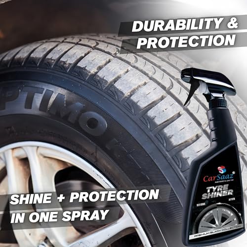 Image of CAR SAAZ Tyre Polish 380ml for Instant Shine | Shiner & Restorer | Prevents Fading and Cracking | Non-Greasy Long Lasting Deep Gloss | Tyre Dresser Spray Polish - 380ml (Pack of 1)