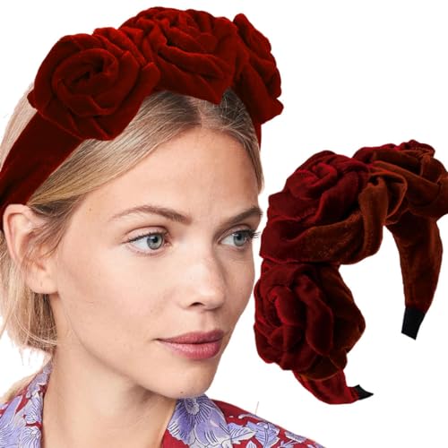 Firuilo Wide Headband Rose Flower Hairband Red Velvet Hair Accessories for Women (Type A)