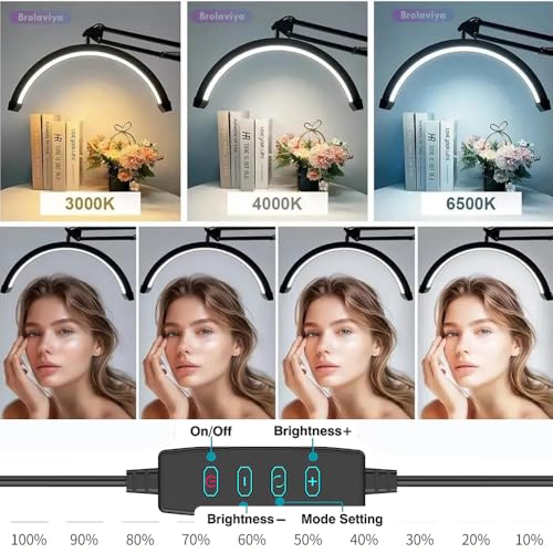 Image of BROLAVIYA 16in Half Moon Tabletop Lamp Light with 3 Axis Swing Metal Arm Stand, 3 Lighting Modes, 360 Degree Spin for Detailed Work, Home Office, Desktop, Make up, Reading, Black