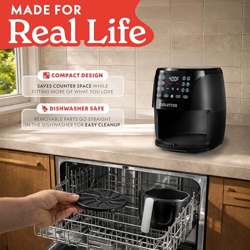 Image of Gourmia Air Fryer - 6 Qt Large Capacity, FryForce 360º, Digital Display with 12 Presets, Roast, Bake, Broil, Dehydrate, Dishwasher Safe Accessories, Black