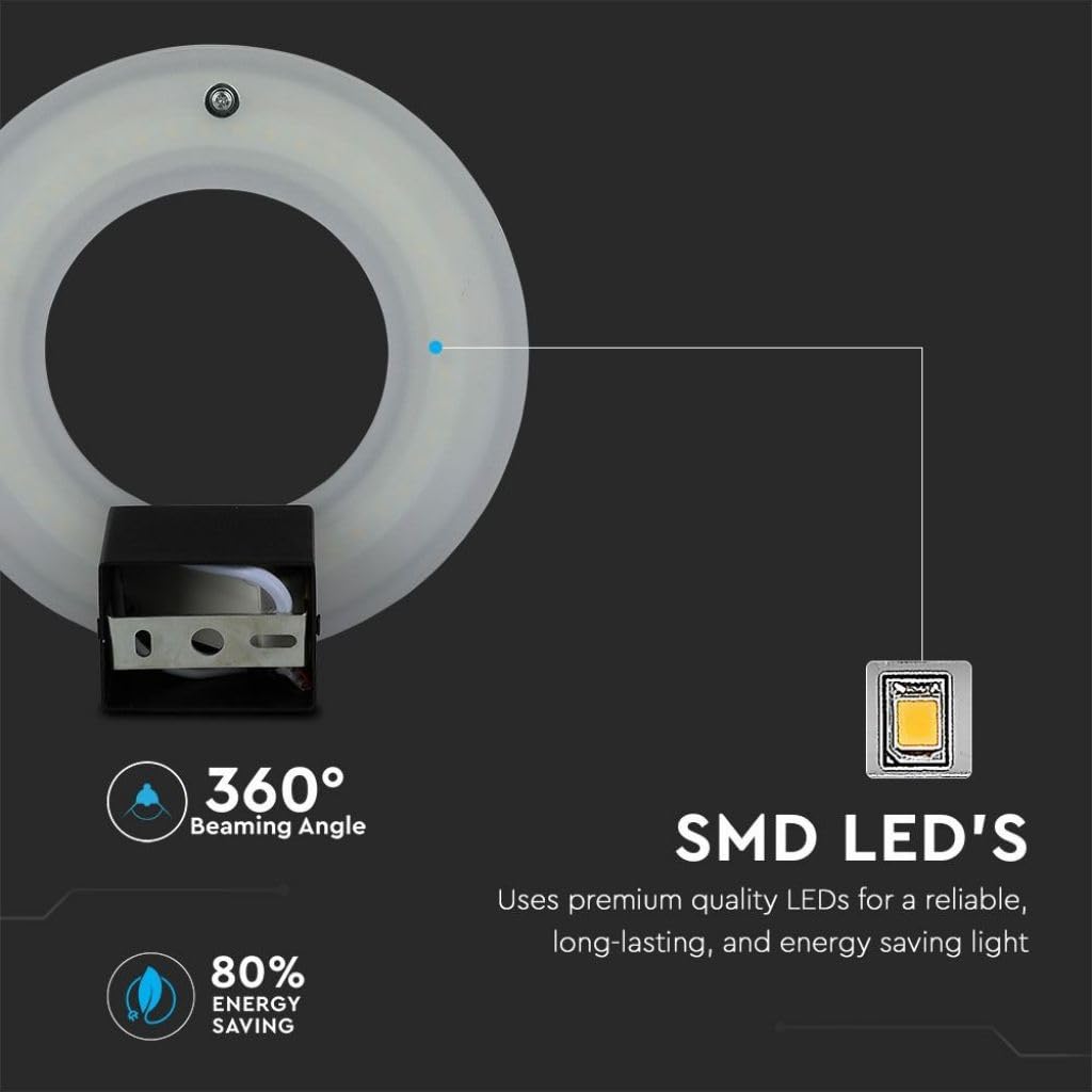 V-TAC Lámpara de Pared LED 9 W, Wall Light Circular, Negro