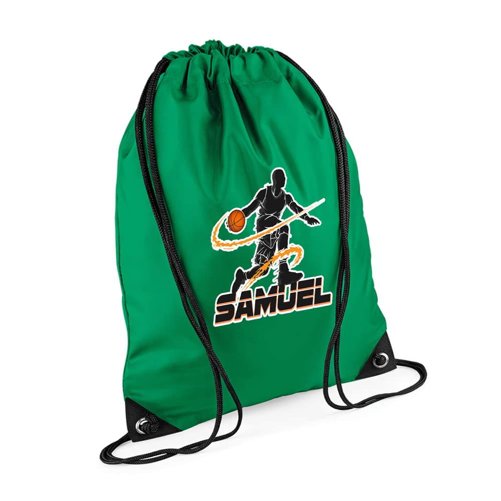 Personalised Basketball Player ANY NAME Sports Lover Gift for Men, Boy, Friend, Birthday present Drawstring Bag, PE Gym Kit Swimming, Sport Rucksack. (Kelly Green) — image 1
