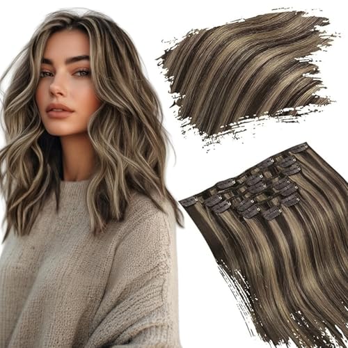 Image of Ugeat Clip in Extensions Human Hair Highlights 14 Inch 7pcs 105g | Hair Extensions Clip ins Real Human Hair , Quick Changes , Chocolate Brown Highlights Caramel Blonde