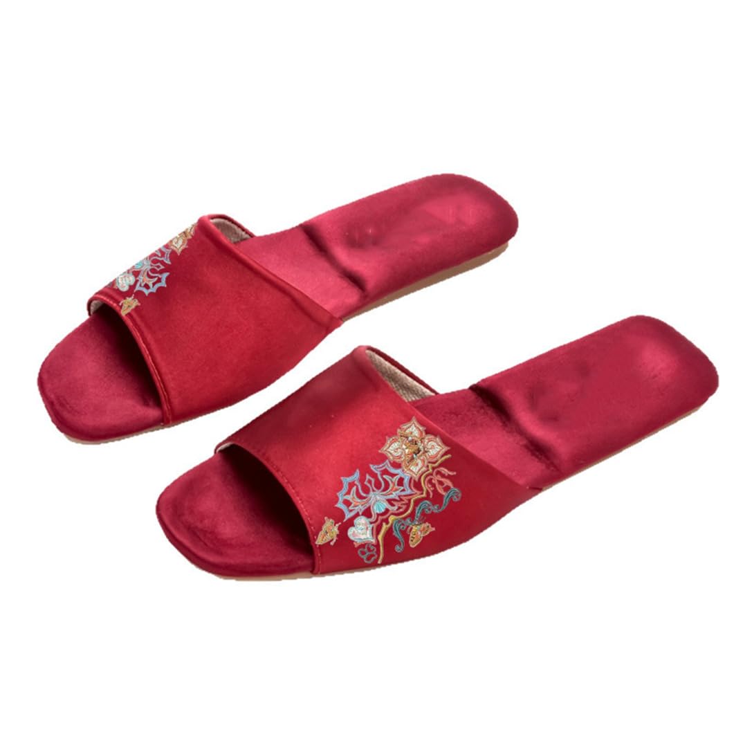 ZNEL Mujer Patrón Floral Bordado Punta Abierta Pantuflas Planas De Raso Zapatos De Casa Suela Antideslizante Zapatillas(42/43 EU, Red)