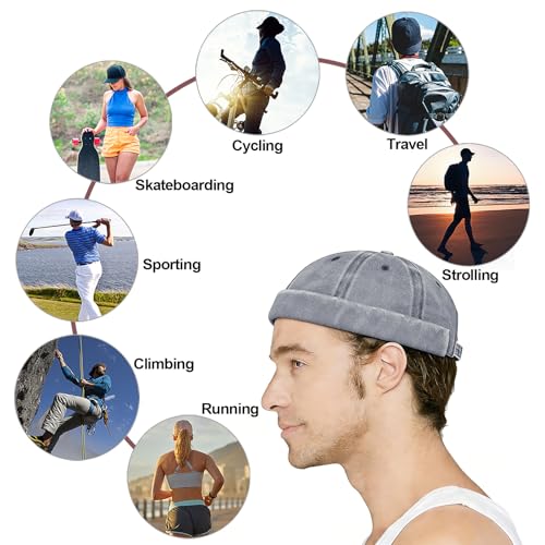 Tiakay Docker-Cap Herren Seemannsmütze Hafenmütze Basecap Tragbar Brimless Rolled Cuff Harbour Vintage Distressed-Baumwolle Mütze Ideal Für Angeln, Wandern Und Outdoor-Aktivitäten (Grau)