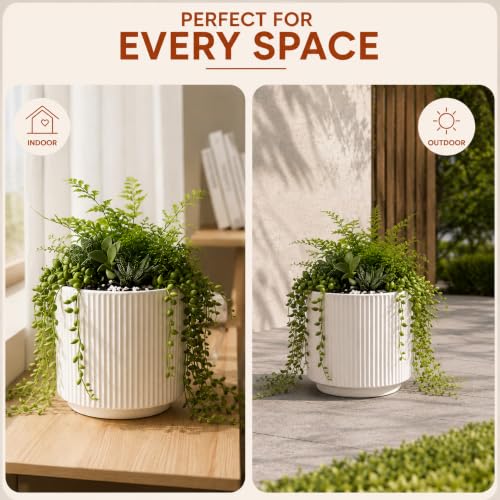 Image of elaris Elegant Ribbed Ceramic Planter for Indoor Plants | Contemporary Textured Flower Pot for Living Room, Bedroom, Office Desk, Shelf & Tabletop Decor (White) 3.74 inch