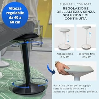 Backerz Sgabello Ergonomico - Sgabello Girevole da 40 a 60 cm con effetto dondolo - Sedia da Ufficio per Casa, Ufficio, Studio - Cuscino a Schiuma, Esterno in Lino Impermeabile - Bianco Opaco