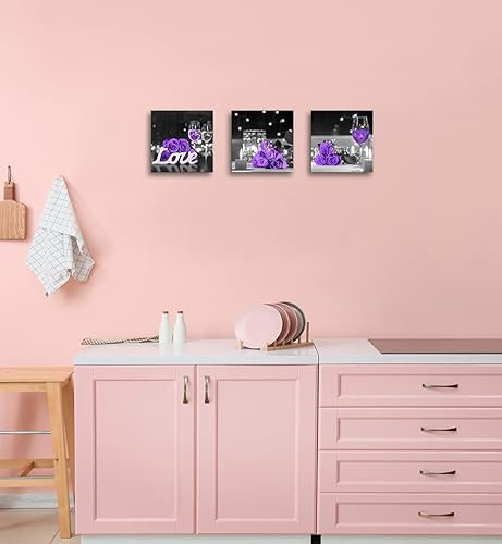 Miniatura 4 de Imágenes de flores de rosas moradas arte de pared para cocina vela de copa de vino decoración de pared impresiones en lienzo para dormitorio hogar