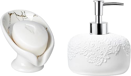 Jabonera de cerámica y dispensador de jabón blanco, dispensador de loción blanca de 14 onzas con diseño en relieve, soporte de barra de jabón en