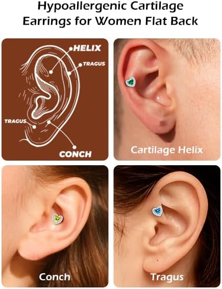 Heart Cubic Zirconia Titanium Alloy Stud Earrings for Women, Hypoallergenic Flat Back Cartilage Piercing Jewelry, 4mm 6mm Post, Helix Tragus Piercing - Image 3