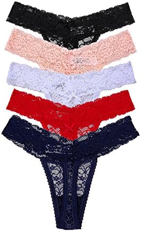 sesil5-Pack Women's Thin Lace Hollowed-Out T-Back Low Waist Ice Silk Sexy Cheeky Thong See-Through Panties