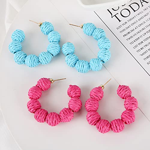 4 Pairs Statement Handmade Raffia Ball Hoop Earrings For Women Girls Retro Woven Straw Wicker Rattan Earrings Set Big Geometric Dangle Earrings Boho Summer Beach Jewelry (Style-3) #TOP3