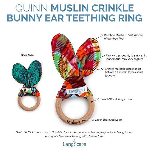 Image of Kanga Care Baby Soft Muslin Sensory Crinkle Bunny Ear Wood Teething Ring - Quinn Plaid