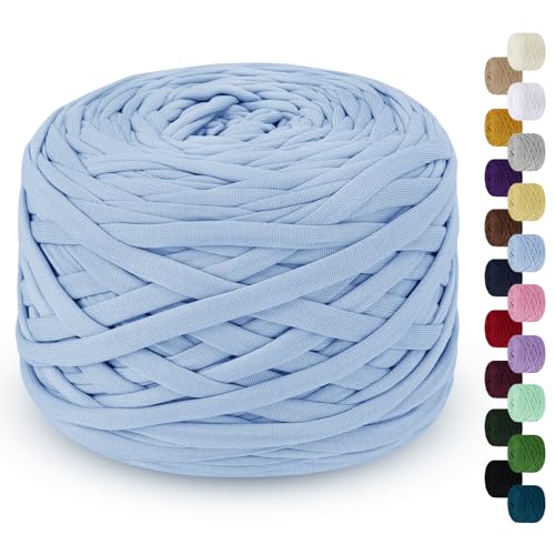 LEREATI Fil pour Crochet 285g 100m Tshirt Yarn Fil Polyester pour Sac au Crochet, Coton à Tricoter pour Sac, Panier, Bricolage, Tapis, Couverture (Bleu Ciel)