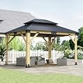 11x13 Solid Wood Gazebo, Outdoor Wooden Gazebo with Aluminum Double Roof, Curtain & Netting, Wood Frame Hardtop Gazebo for Garden, Patio, Deck, Backyard
